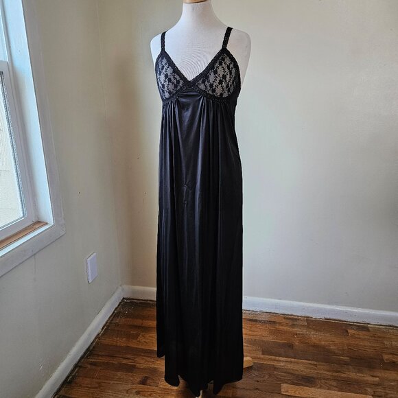 Vintage 70s Black Lace Sexy Slip Dress Nightgown Nylon Lingerie Glam S/M USA - Picture 2 of 6